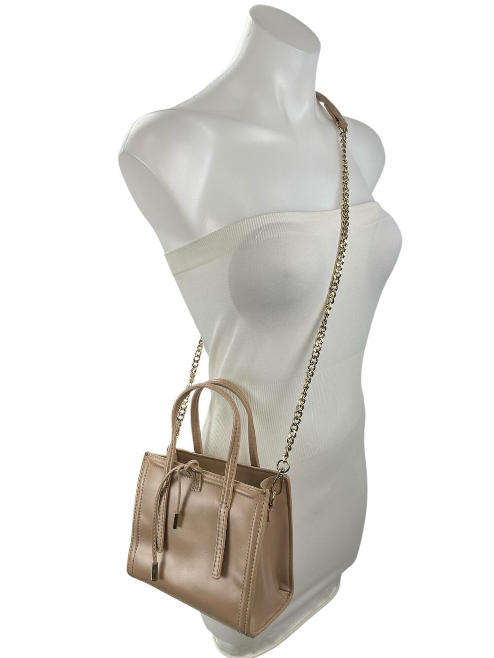 Zara Mini City Beige Faux Leather Vegan Chain Crossbody Bowling Satchel Bag